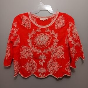 Solitaire women's embroidered orange top blouse size M